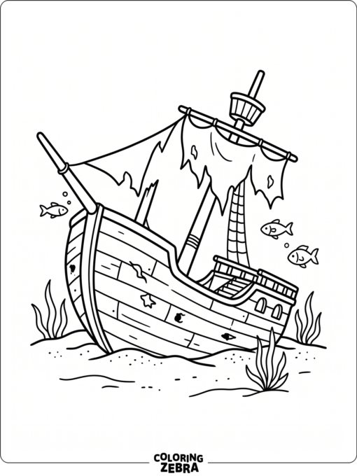 A sunken pirate ship on the ocean floor with fish