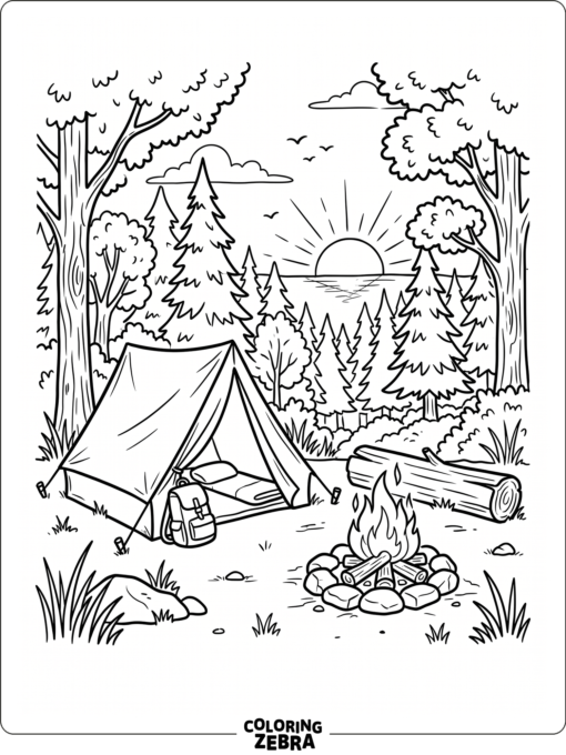 A campfire near a tent at sunset