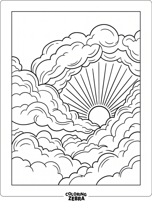 A sunset with billowing clouds and rays of light