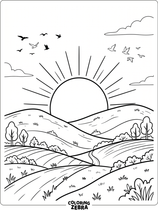 A simple sun setting over gentle hills with a few birds