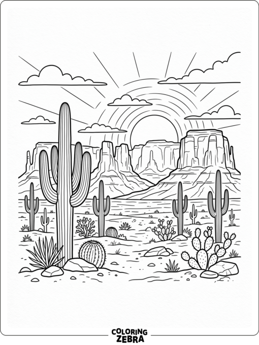 Desert cactus and mesas under a sunset sky