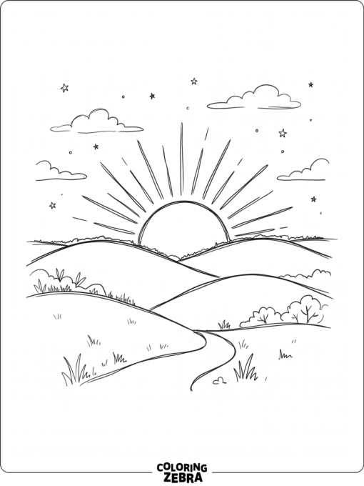 A hand-drawn sunset scene with hills and a sketchy sky