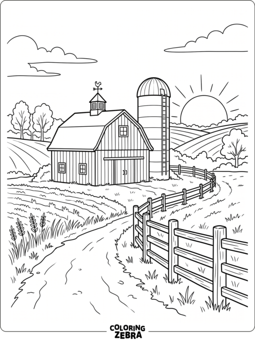 A farm barn and silo at sunset