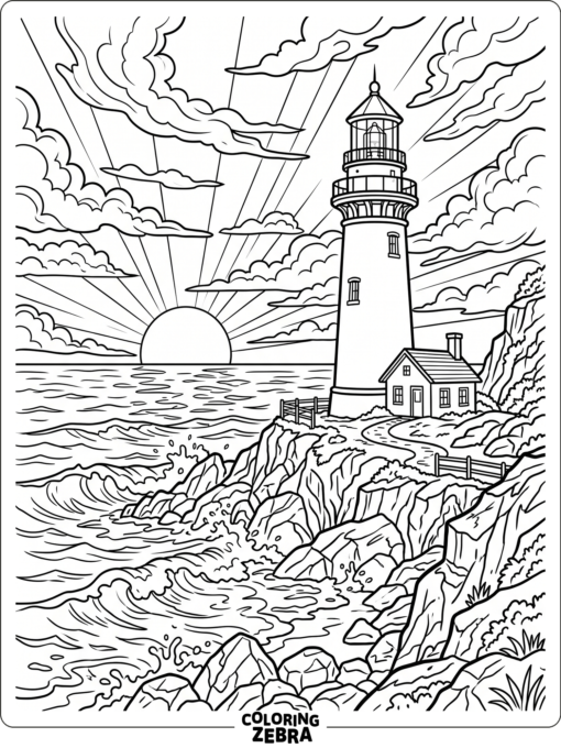 A lighthouse on rocks under a colorful sunset