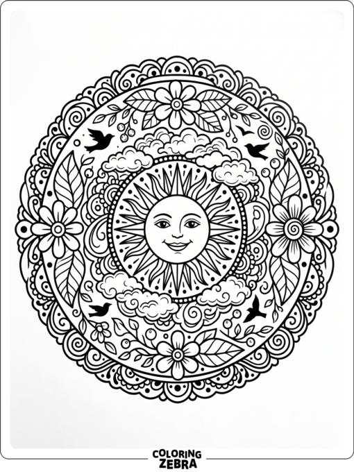 A sunset mandala with sun rays and clouds