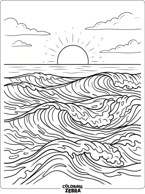 Rolling waves beneath a bright sunset sky