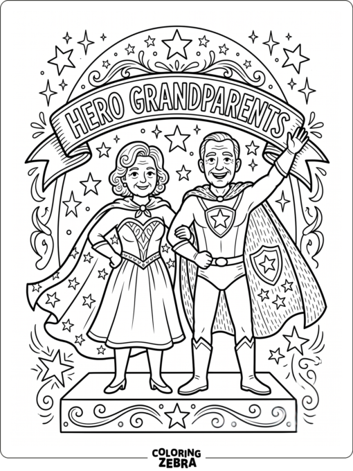 Caped grandparents standing with stars and a banner