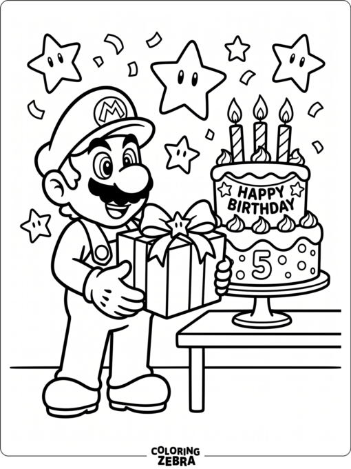 A game hero holding a gift beside a birthday cake
