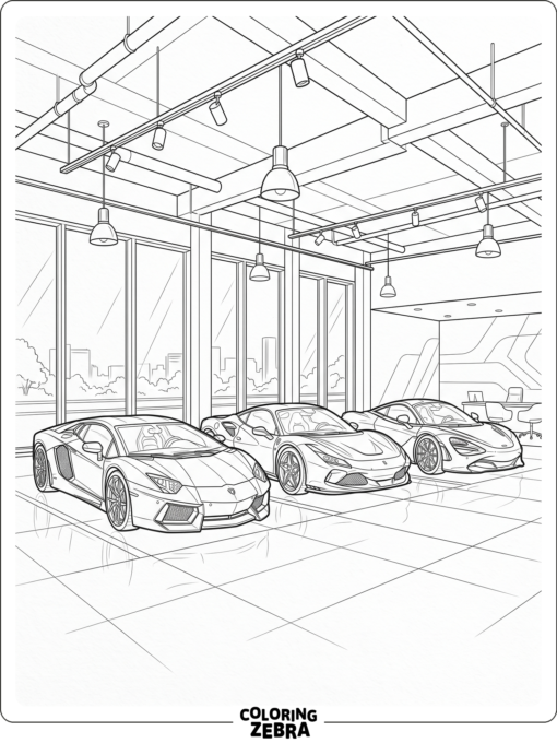 Three supercars displayed in a simple showroom