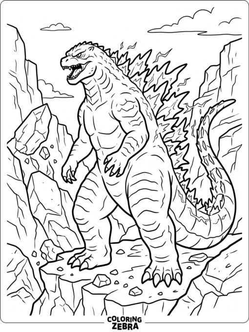 Supercharged Evolved Godzilla stands beside broken cliffs