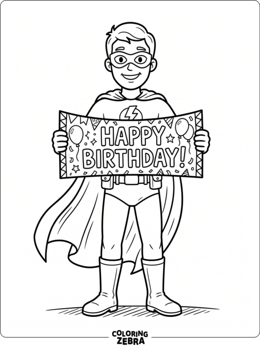 A superhero with a cape, mask, and birthday sign
