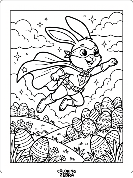 A superhero bunny flying over Easter eggs