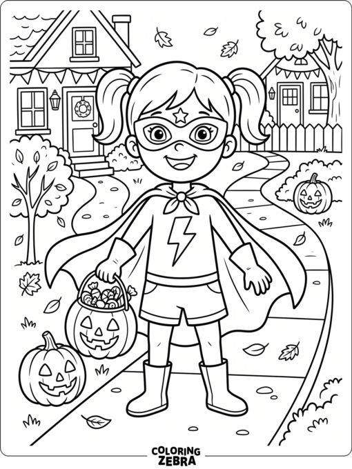 A superhero child in a cape holding a candy bucket