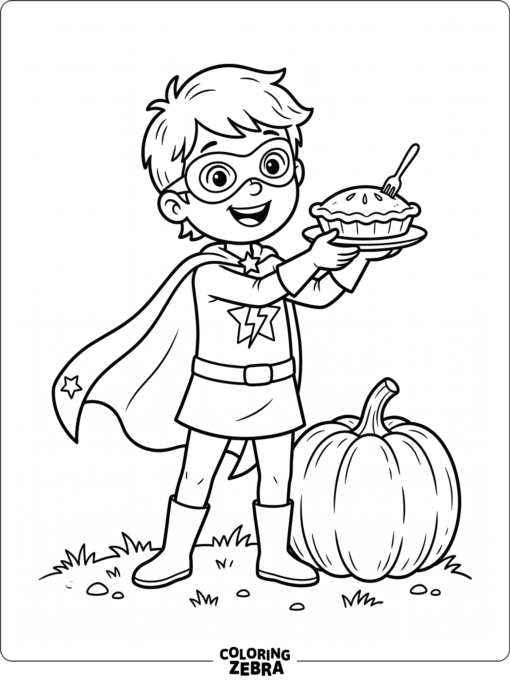 A superhero child holding a pie next to a pumpkin