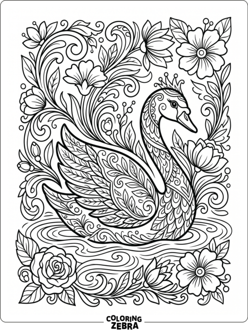 A swan framed by flowing floral patterns