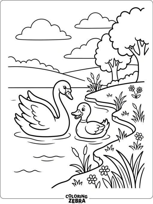 A swan and duck floating together near the pond edge