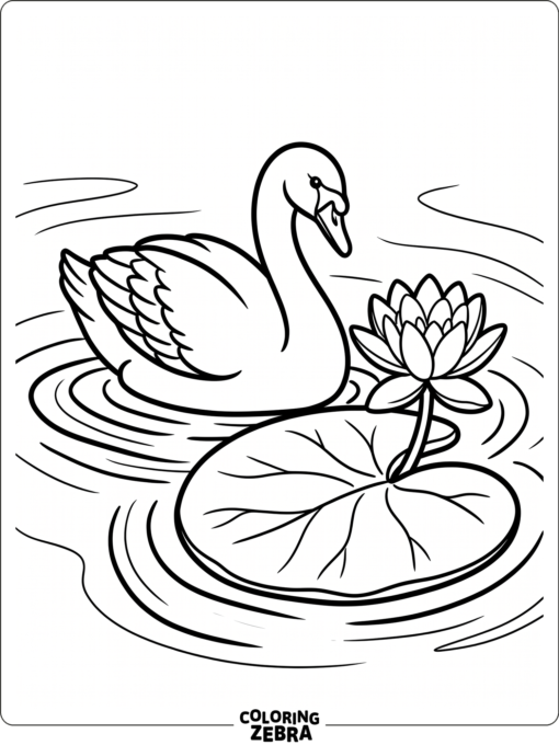 A swan resting near a large lily pad on the water