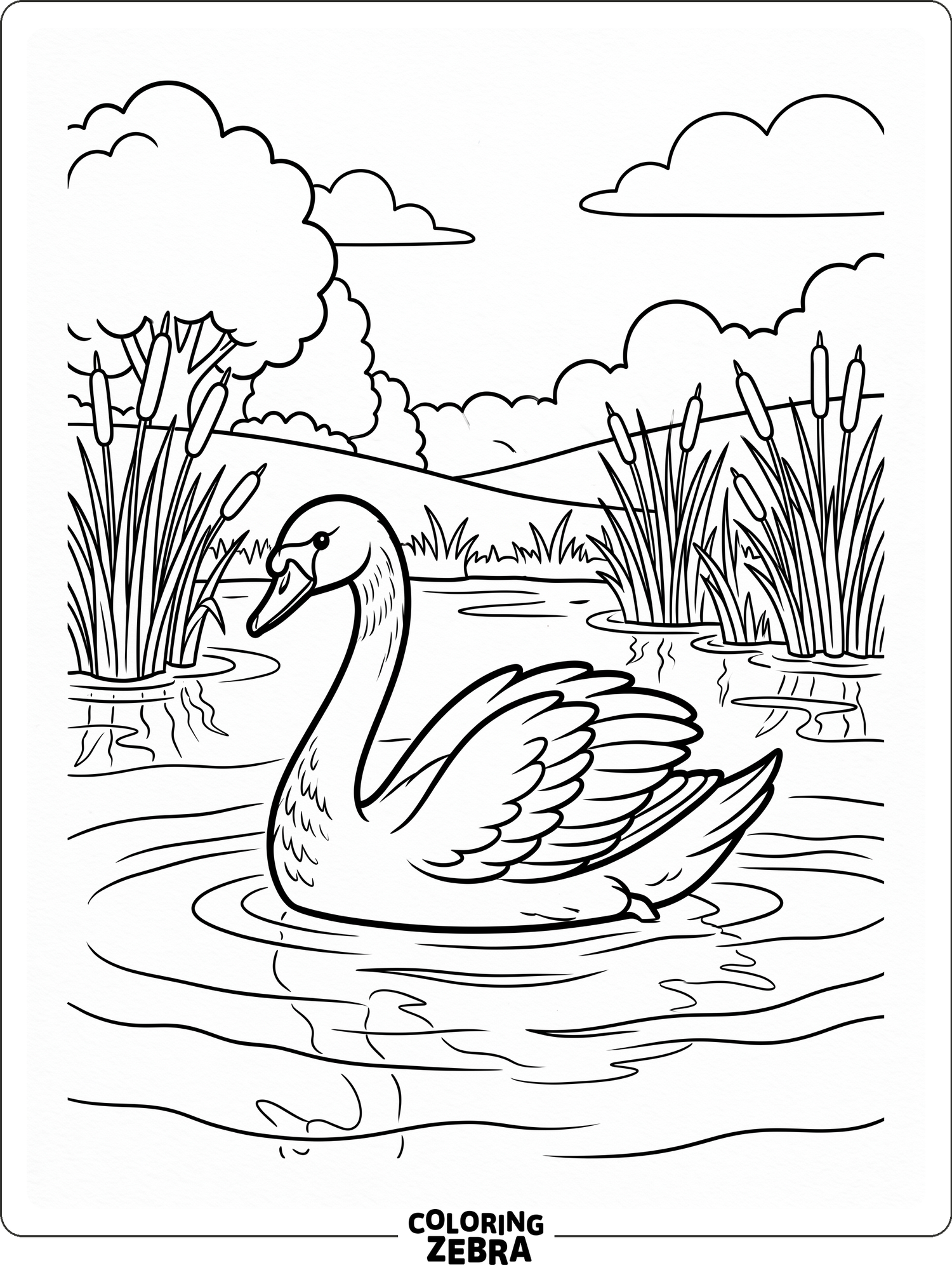 A graceful swan gliding on calm water with reeds