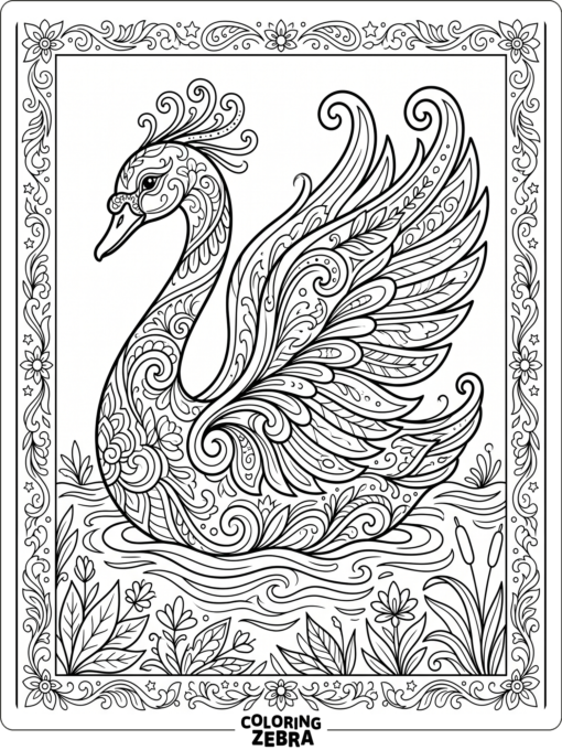 An ornamental swan with flowing feathers and border details
