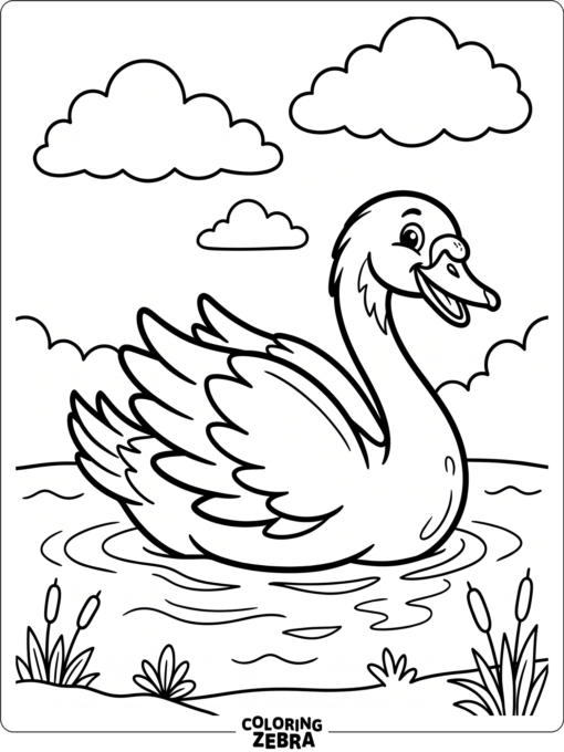 A smiling swan floating on a pond with clouds