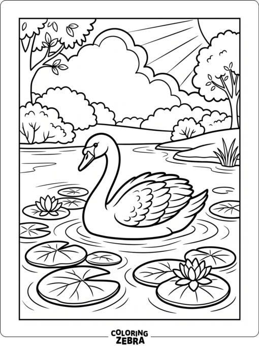 A swan resting on a pond with lily pads