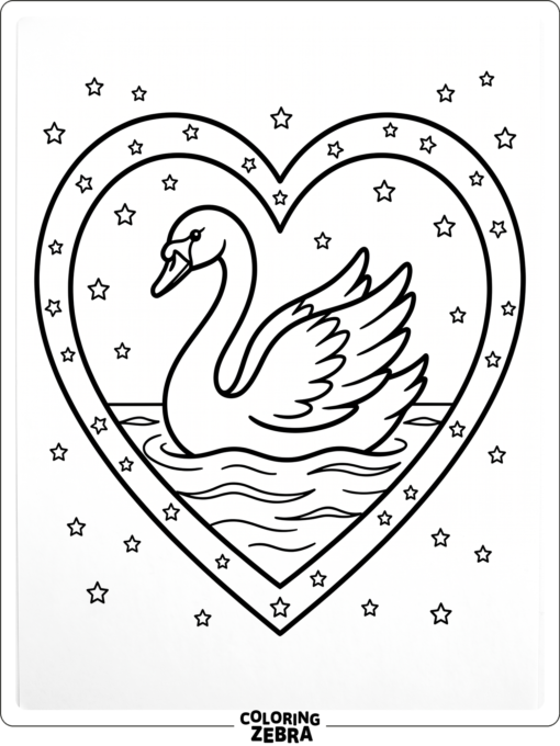 A swan inside a heart shape with tiny stars around it