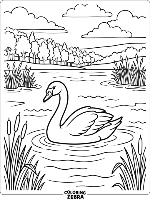 A swan gliding across a lake with reeds