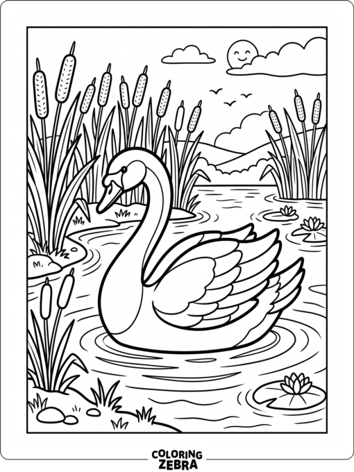 A swan floating in a pond with cattails