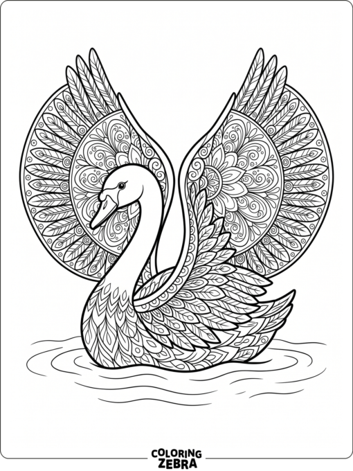 A swan with mandala wings and symmetrical patterns
