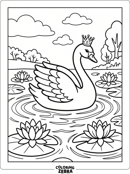A swan wearing a crown near gentle water and lilies
