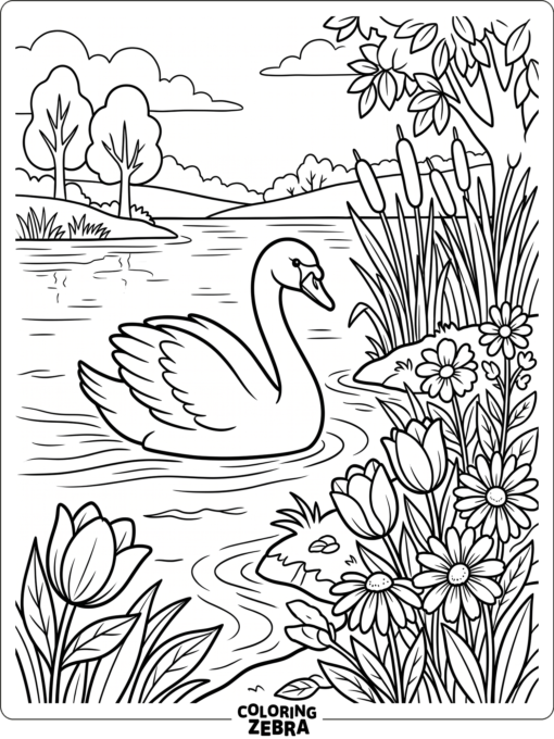 A graceful swan floats near flowers and reeds on still water