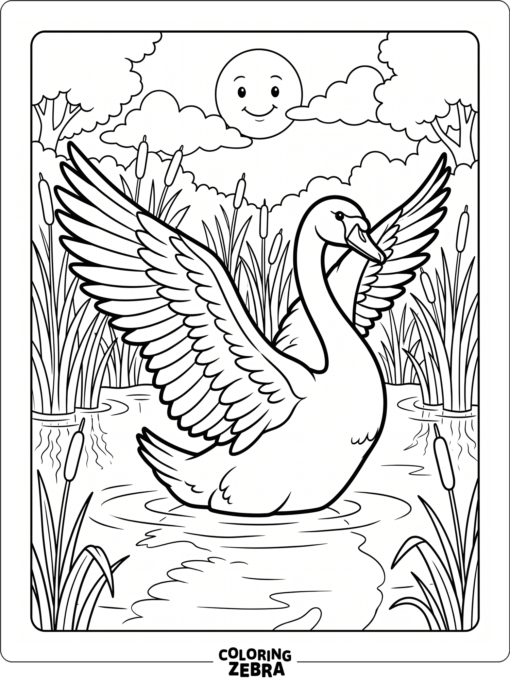 A swan spreading its wings over calm water