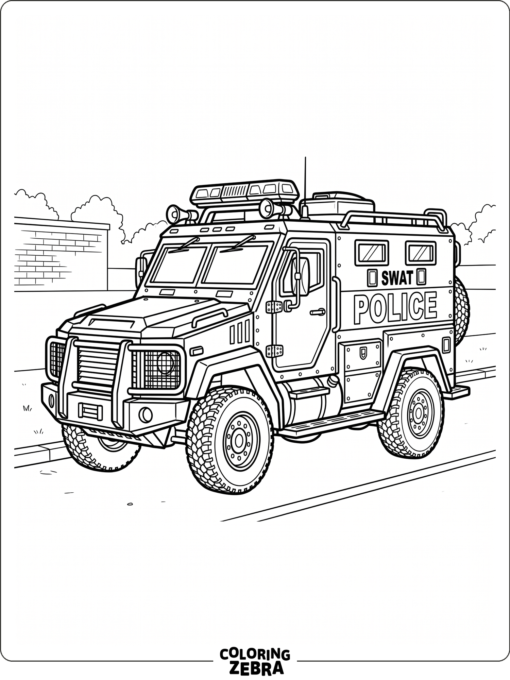 A SWAT truck parked with a light bar and strong panels