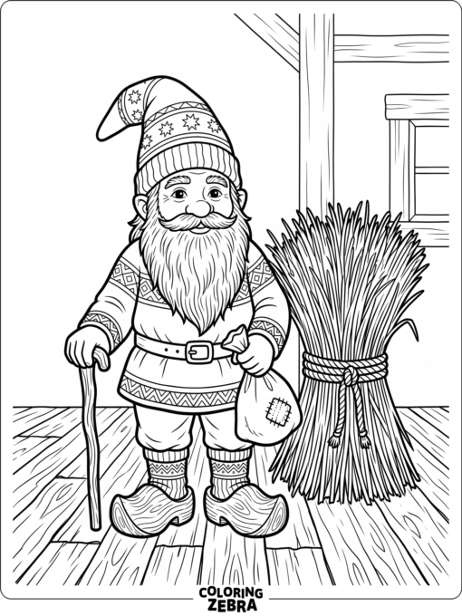 A Swedish tomte in clogs beside a straw bundle