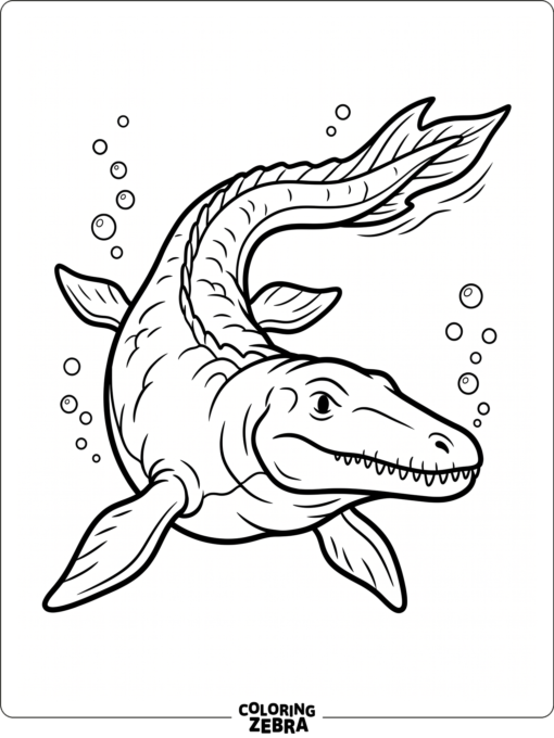 A mosasaurus swimming forward through bubbles