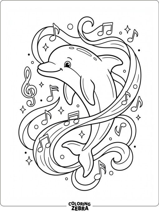 A dolphin with musical notes and ribbon shapes