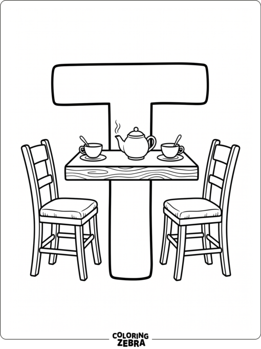A table beside a large letter T
