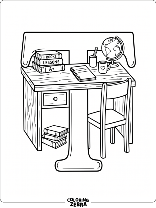 A teacher desk with books beside a large T