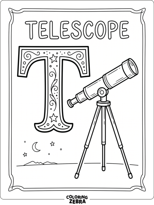 A telescope beside a large letter T