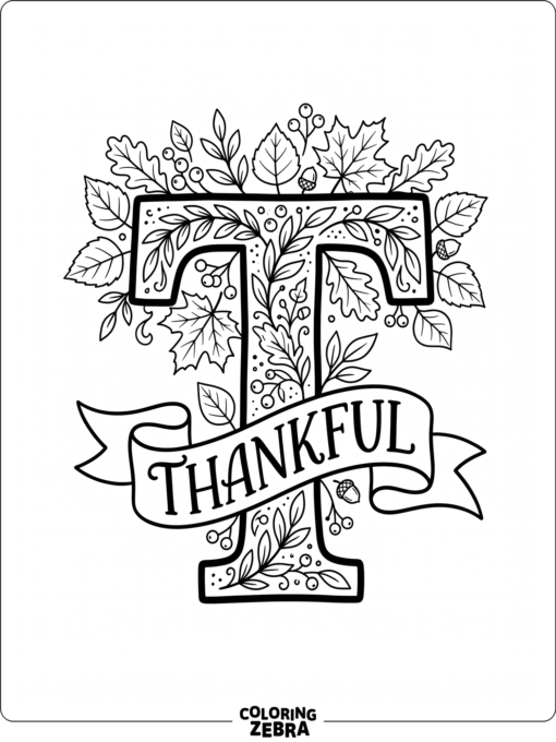 A T with autumn leaves and a thankful banner