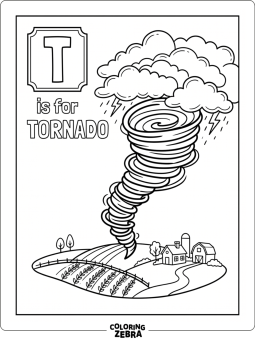 A tornado twisting over a field with the letter T