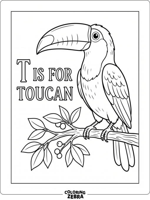 A toucan perched on a branch beside the letter T
