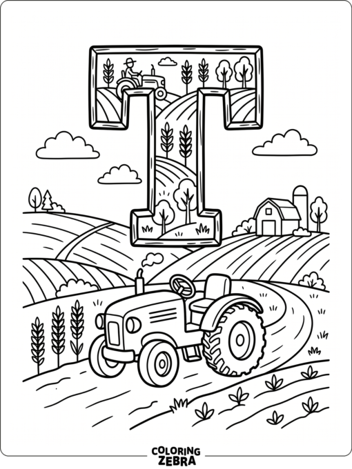 A tractor beside a large letter T