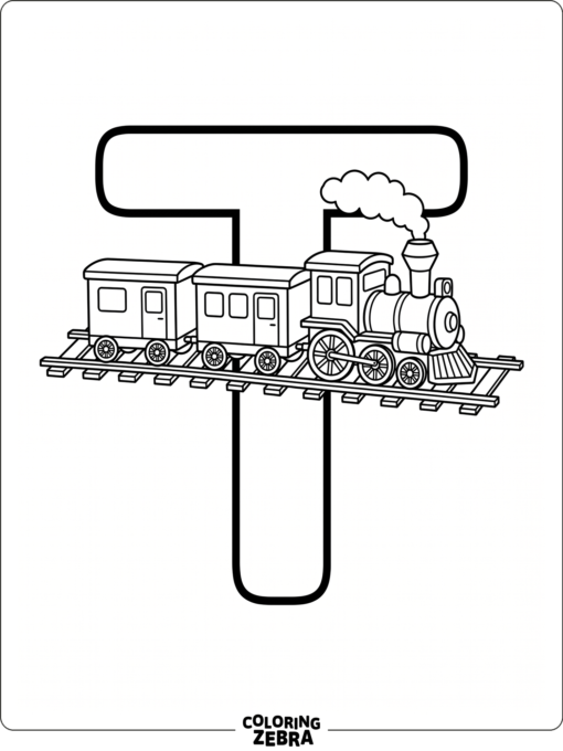 A train beside a large letter T