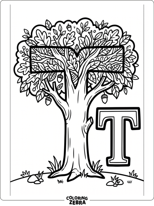 A tree shaped with a large letter T beside it