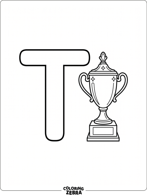 A trophy beside a large letter T