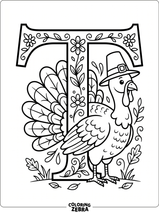 A turkey standing beside a large letter T