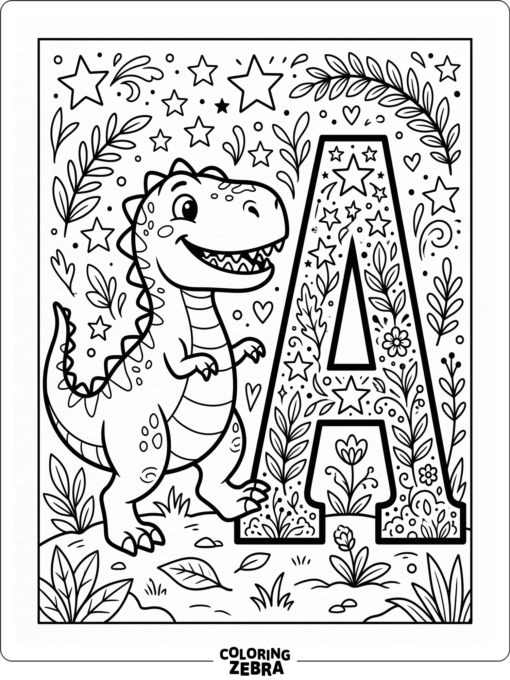 A T rex beside the letter A with stars