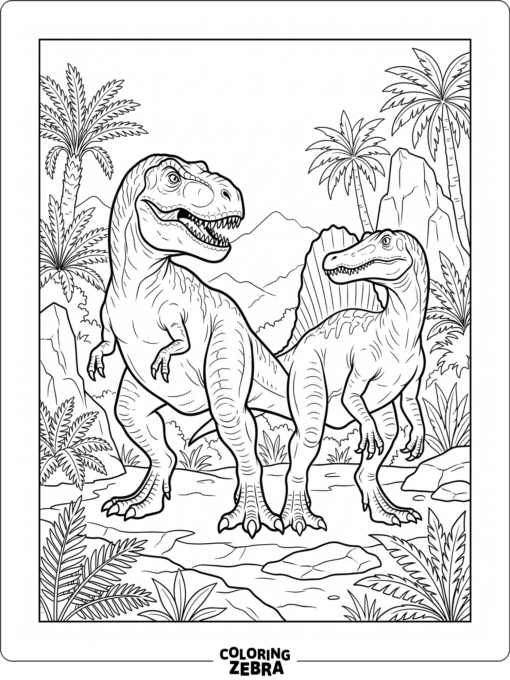 A T rex and spinosaurus in a clearing