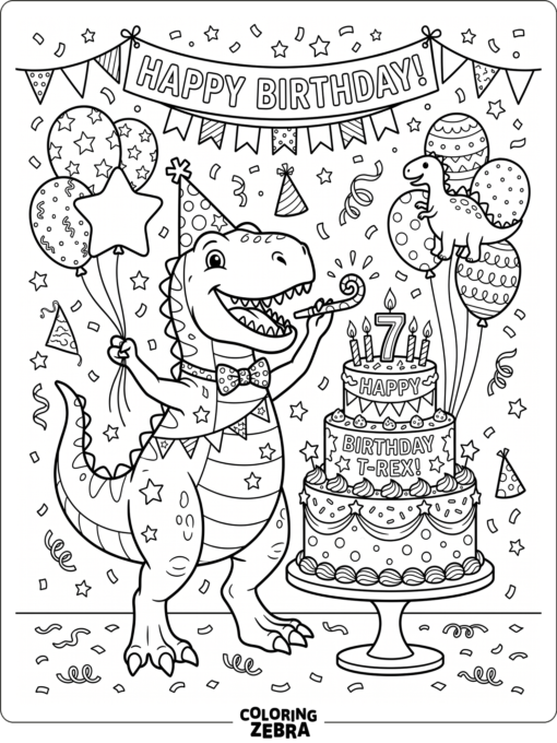 A T rex beside a birthday cake and balloons